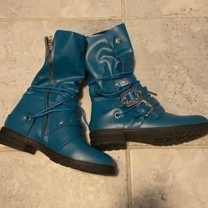 Turquoise blue lace and zip up boots